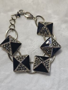 Vera Wang Gold Tone Pyramid Link Bracelet with Black Enamel and Crystal Accents